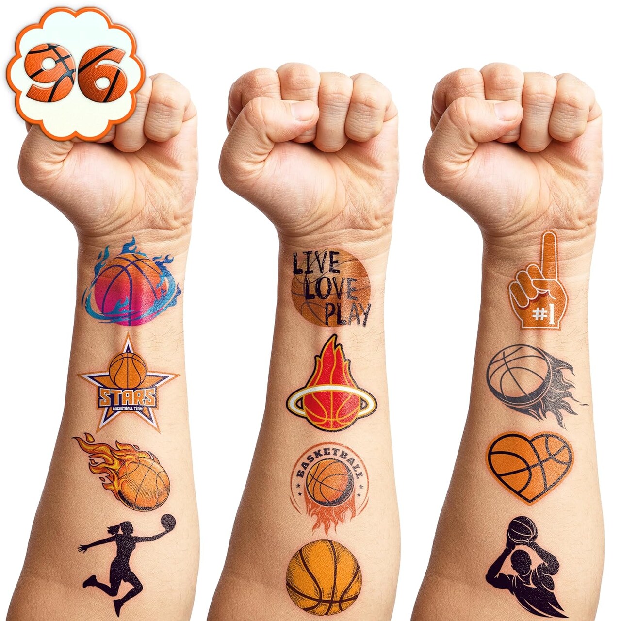 Pre-Cut Basketball Temporary Tattoos - Olympic MVP Sports Game NBA-Themed Stickers for Kids' Birthday Party Supplies, Decorations, Favors, and Prizes